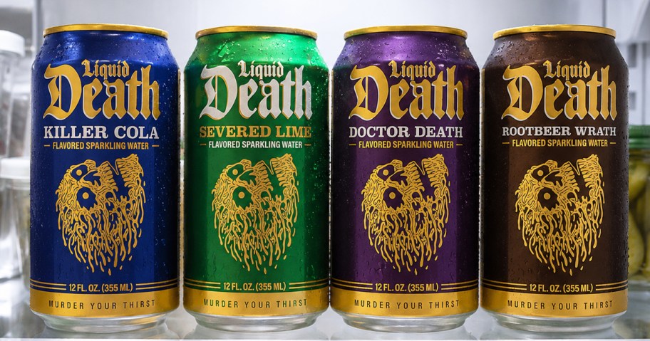 cans of Liquid Death sodas in a fridge 