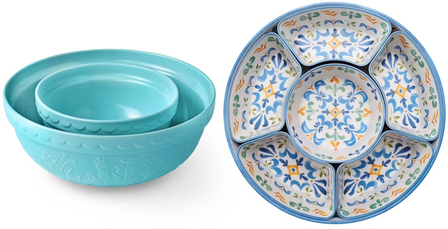 Member's Mark 2-Piece Floral Ceramic Prep and Serve Bowls and 6-Section Bamboo Melamine Serving Platter Set