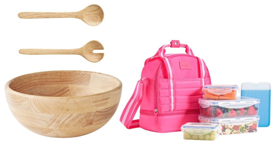 Member's Mark Rubber Wood Salad Bowl w Servers and Fit & Fresh Lunch Bag w Meal Prep Set & Ice Pack