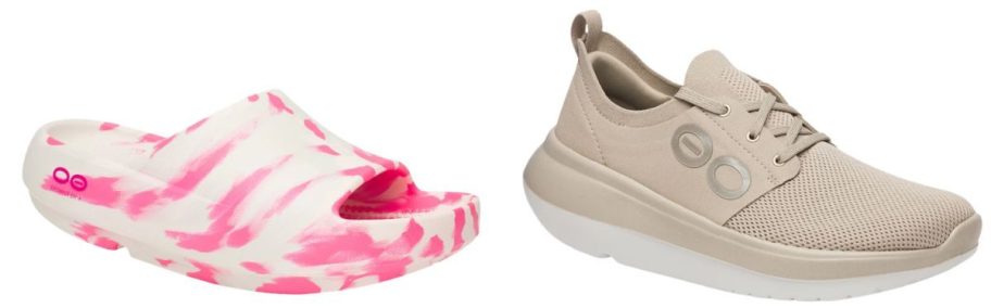 OOFOS OOahh PLUS Slides in Chalk & Pink and Stride Women's Lace-Up Shoes