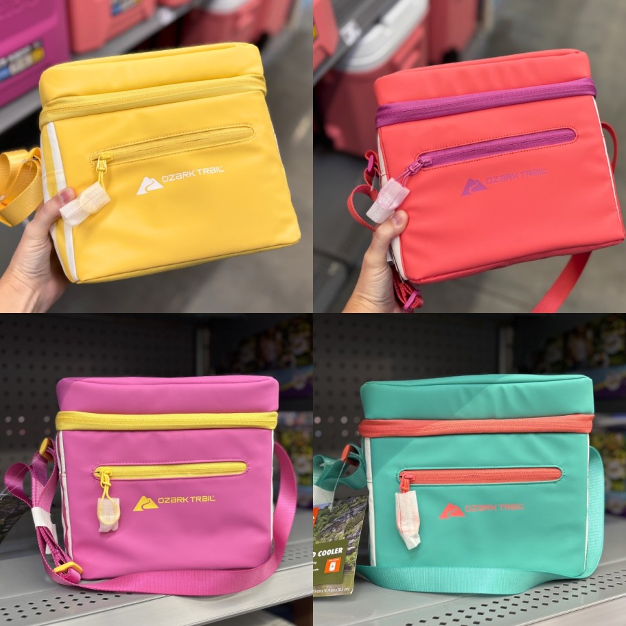 collage image of 4 ozark trail can coolers in different colors at walmart