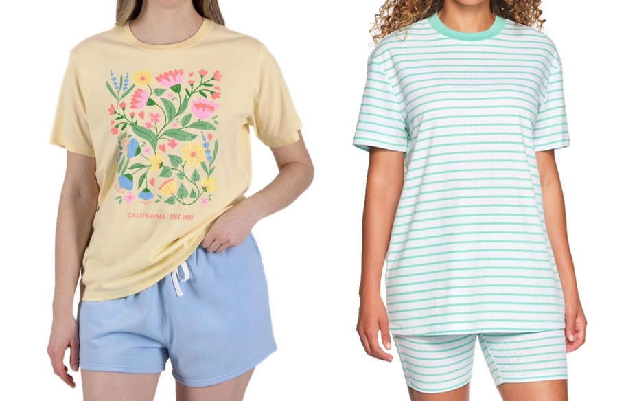 2 women in t-shirt and shorts sets