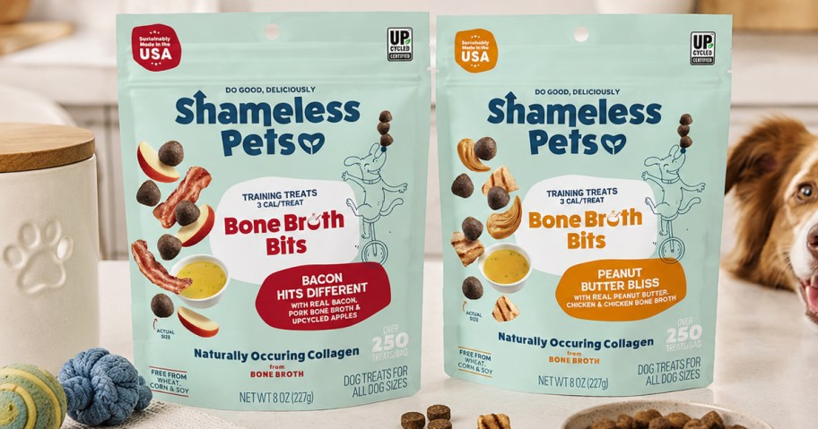 two bags of Shameless Pets Dog Training Treats on kitchen counter