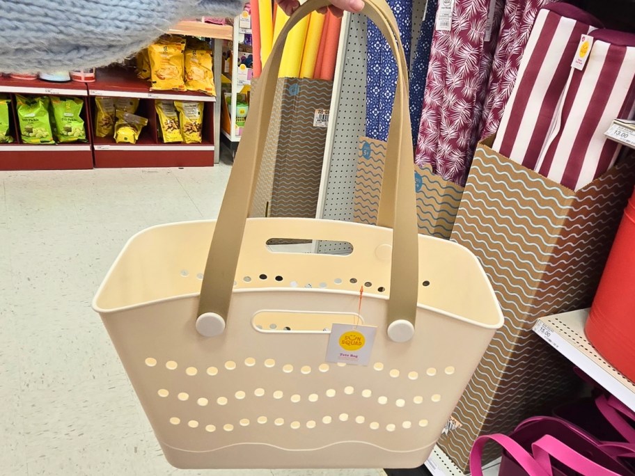 Sun Squad Mini Beach Tote in cream in target aisle