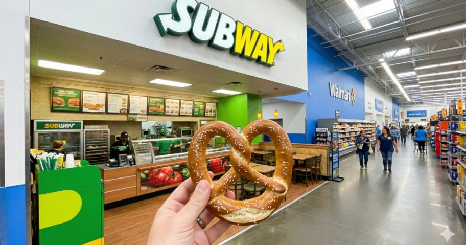 Superpretzel in hand in front of a Subway in a Walmart store