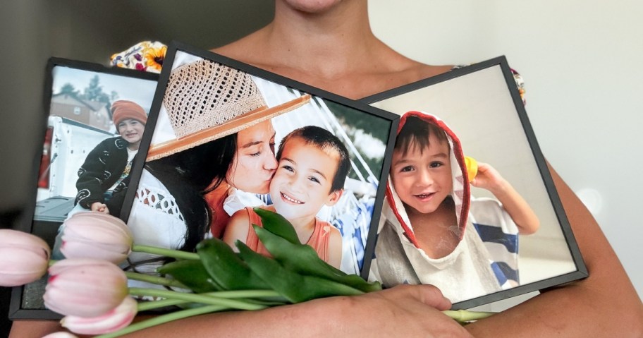 woman holding bouquet of tulips and three tilepix frames