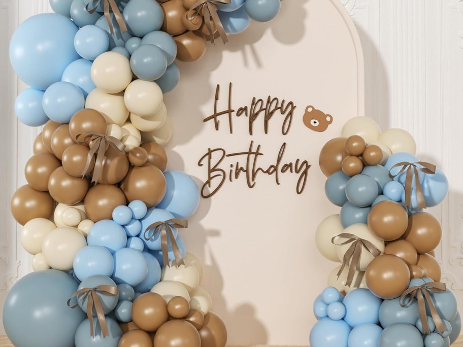 blue, brown, and white balloon arch kit