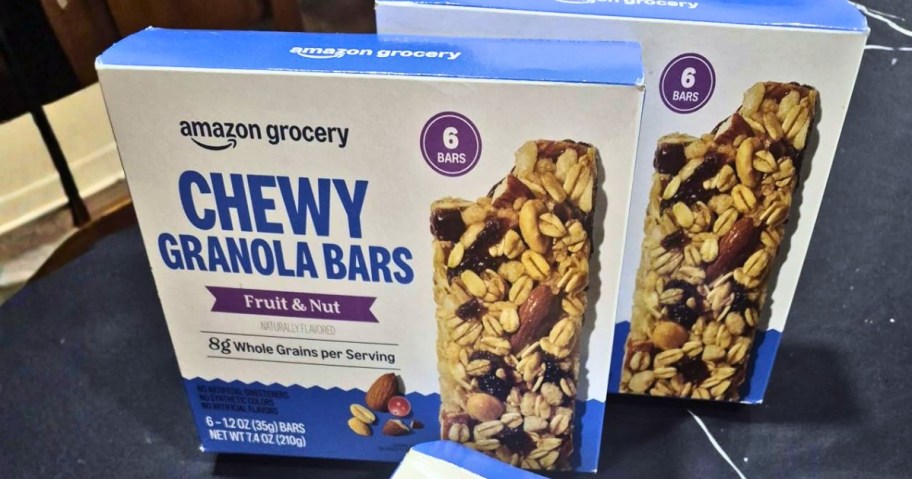 boxes of Amazon Grocery Chewy Granola Bars