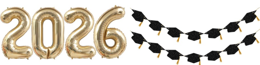 gold 2026 balloons and grad cap banner