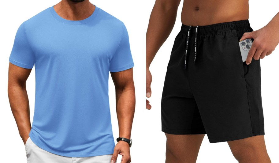 mens blue shirt and black shorts