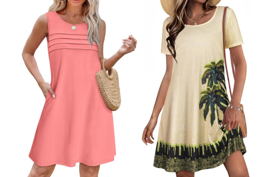 peach dress and cream palm dress