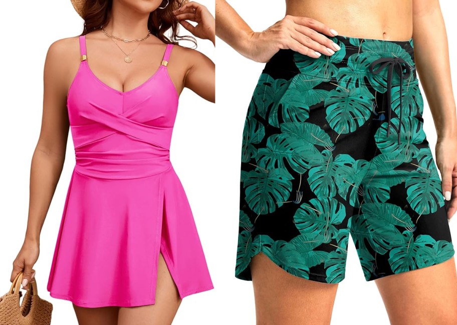 woman in pink swimsuit and green floral shorts 