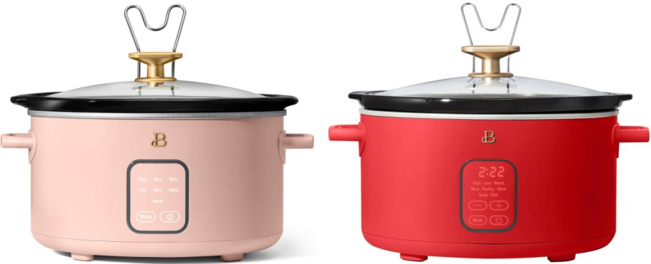 Two modern slow cookers: a pink one and a red one, each with a digital display and glass lid. They have sleek, minimalist designs with gold accents.