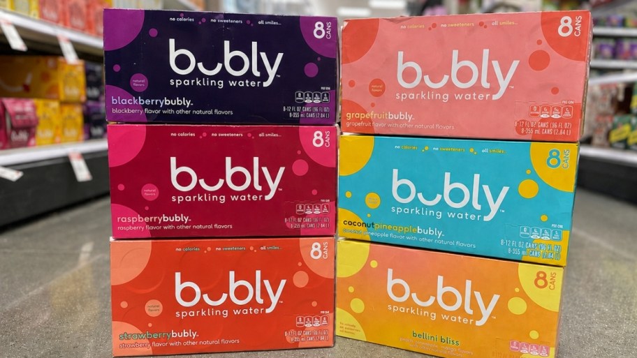 6 bubly 8 packs on a store floor