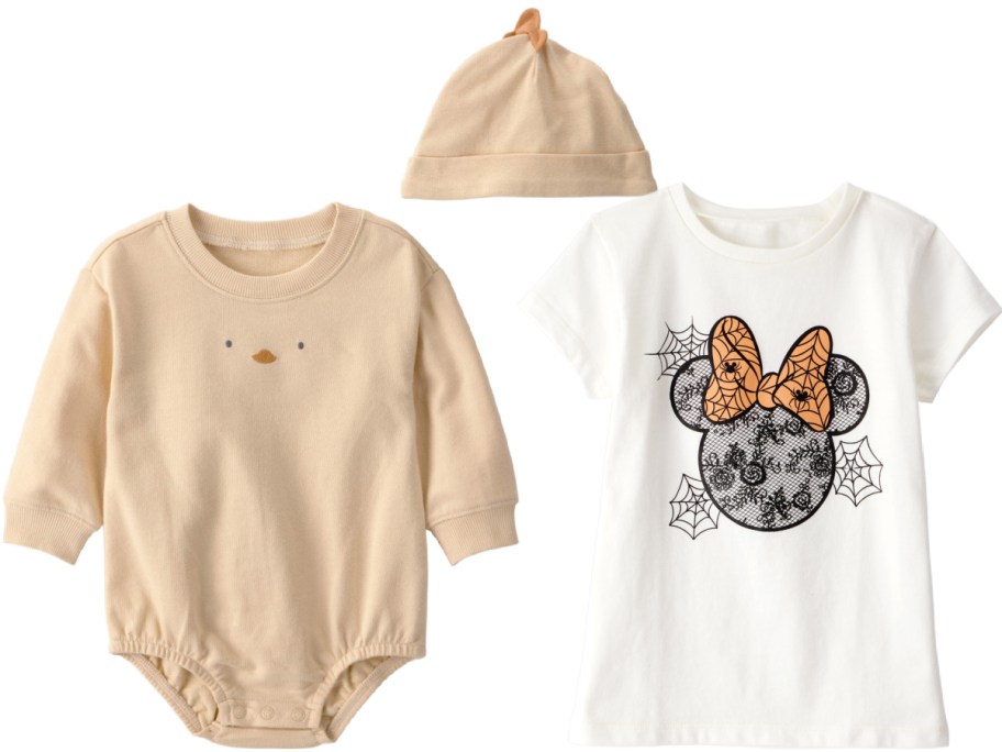 Tan onesie with a chick face design, matching hat with a small knot, and a white shirt featuring a Halloween-themed Minnie Mouse print with webs.