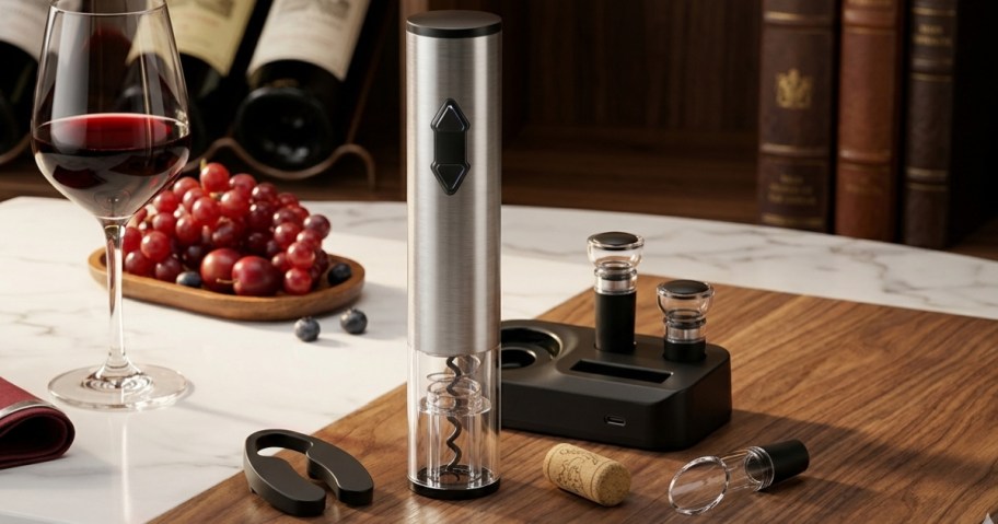 An electric wine open set on a wooden counter with a glass of red wine, grapes, and books in the background.