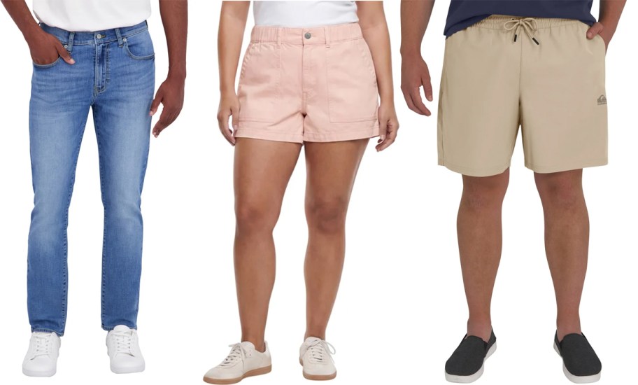 people in blue jeans, pink shorts and beige shorts 