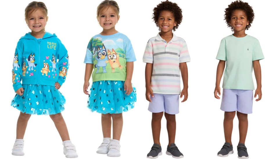 kids wearing blue bluey outfits and purple/green outfit sets. 