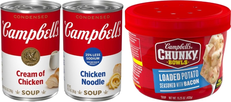 campbells condesed cream of chicken and reduced sodium chicken noodle, and chunky loaded potato soup to go