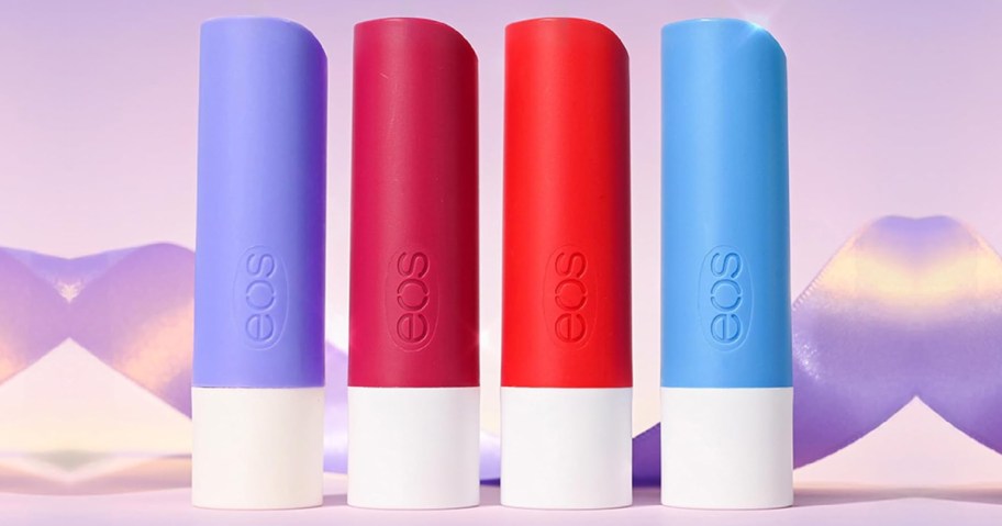 4 eos lip balms with a purple ribbon in background