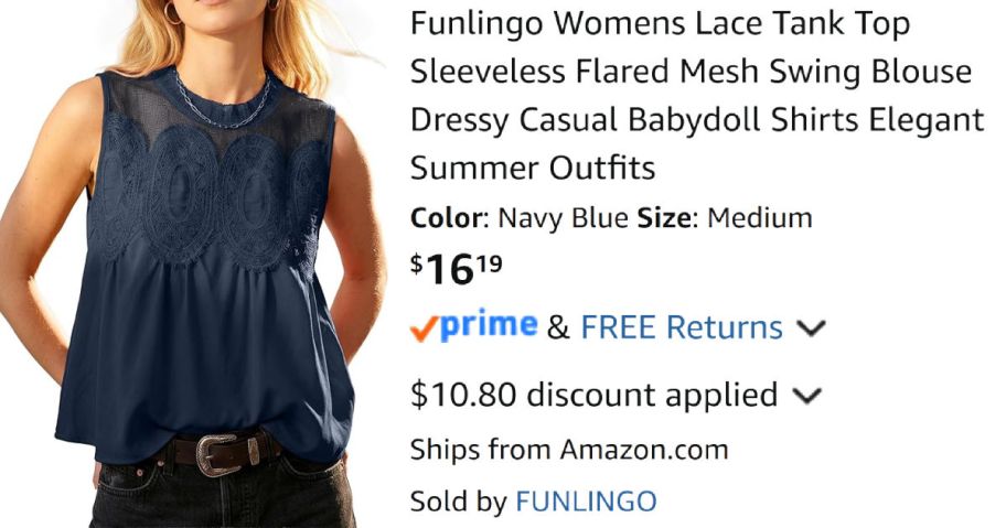 woman wearing blue sleeveless shirt next to Amazon pricing information