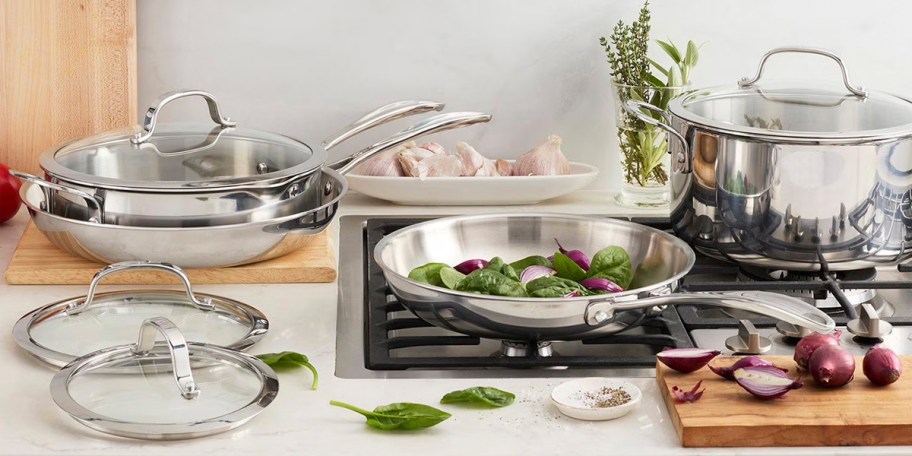 stainless steel cookware on stove 