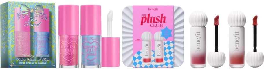 The image features colorful cosmetic sets from Too Faced and Benefit. They include lip glosses and lipsticks with vibrant packaging in pink and blue tones.