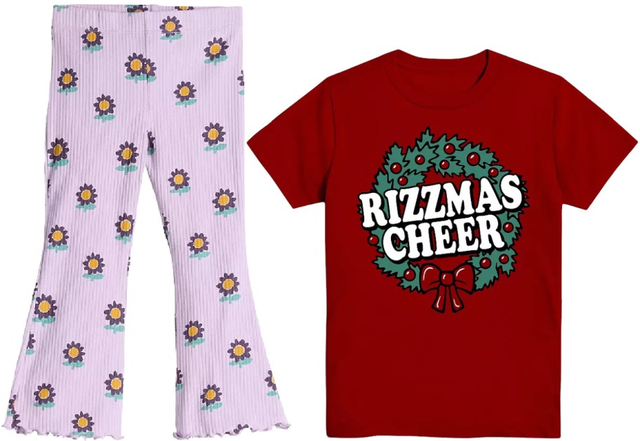 Lilac flared pants with sunflower print and red T-shirt featuring "Rizzmas Cheer" inside a festive wreath. 