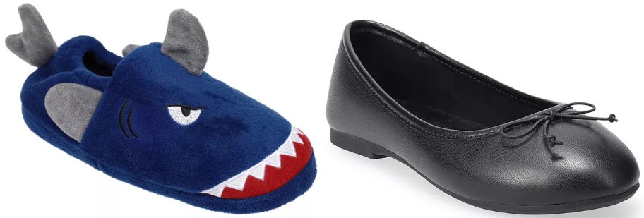 A blue shark-themed slipper with red mouth and gray fins is next to a simple black ballet flat with a small bow.