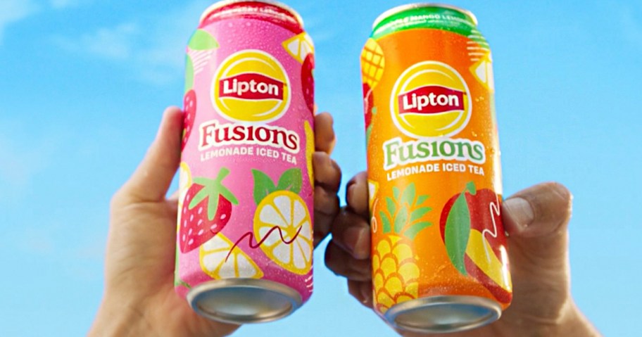 hands holding lipton fusion drinks 
