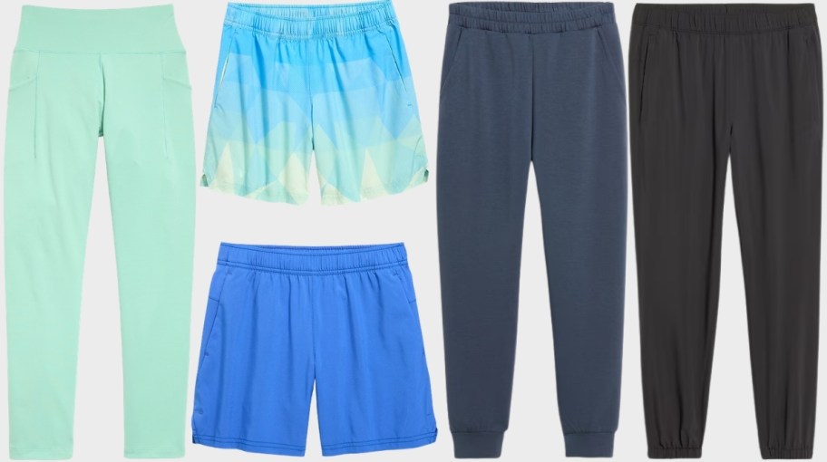 girls, boys, womens, and mens old navy activeware bottoms in different stlyes