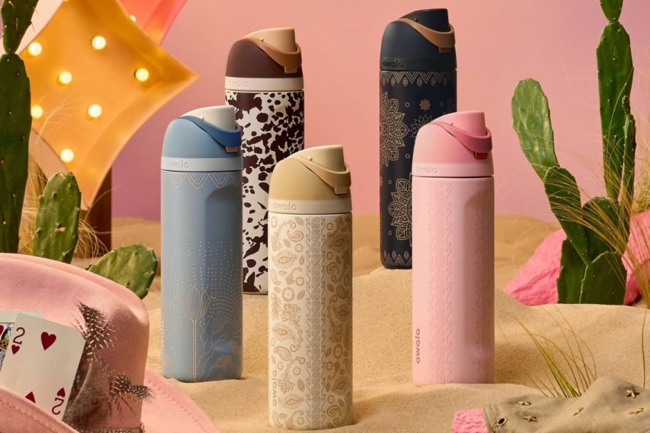 western printed water bottles on display