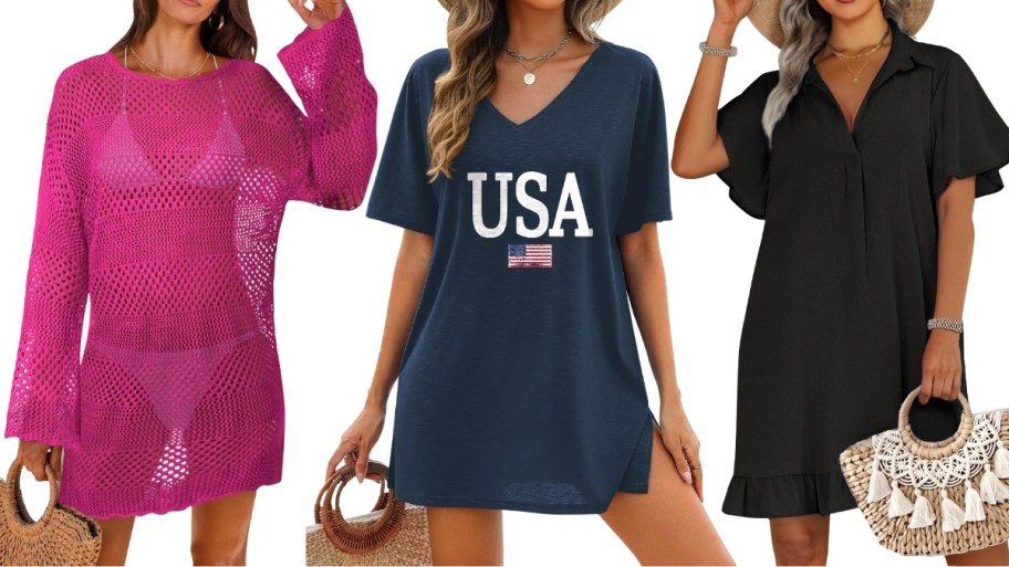three women in three different styles and colors of swim suit coverups