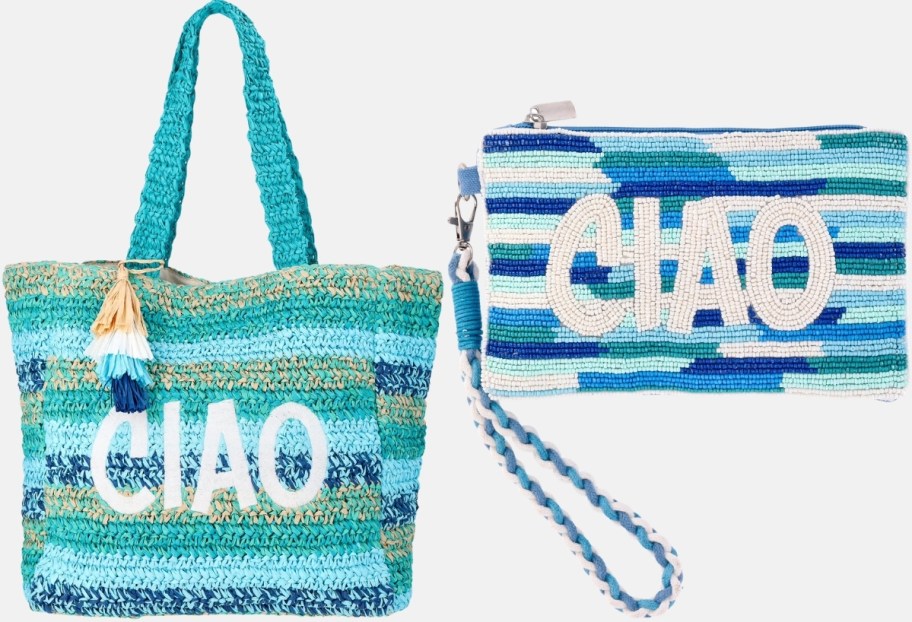beach tote and beaded wristlet with the 'ciao' on the front of each