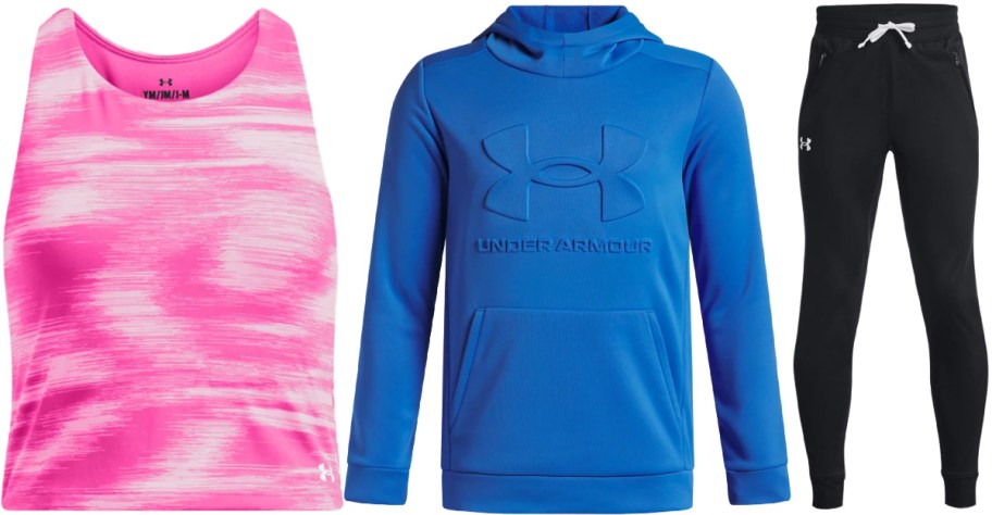 Pink and white tank top, blue hoodie with a large logo, and black sweatpants with a drawstring.