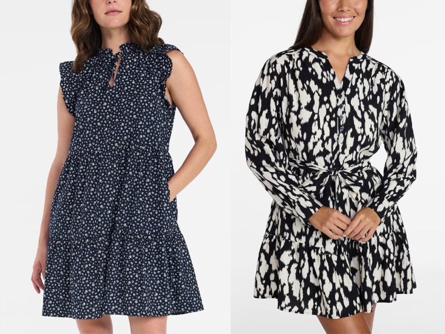 women wearing blue and black dresses 