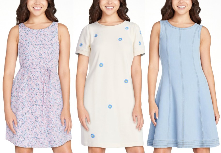 Three women in summer dresses: a pink floral, cream with blue flowers, and light blue denim.