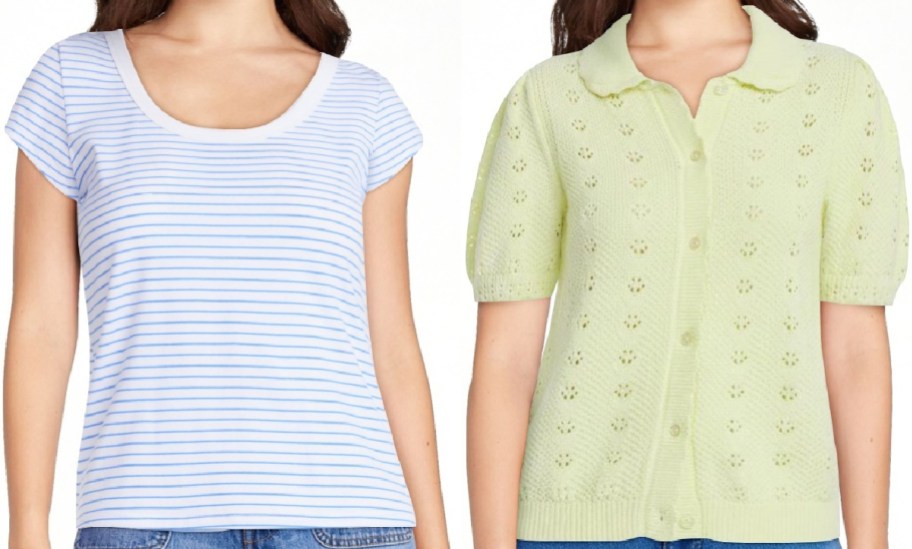 Two women are shown wearing tops. The left woman wears a blue and white striped T-shirt, and the right wears a light green knit cardigan with short sleeves.