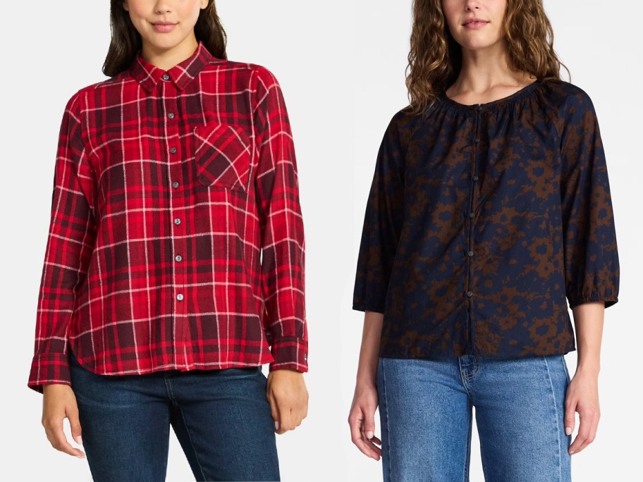 women wearing red flannel and floral blue tops 