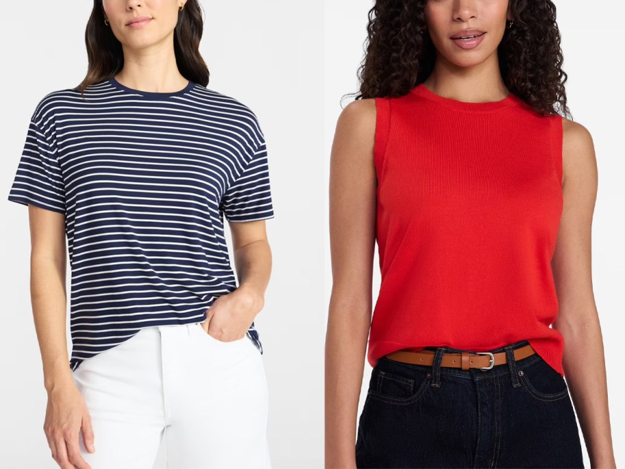 women wearing blue and red tops 
