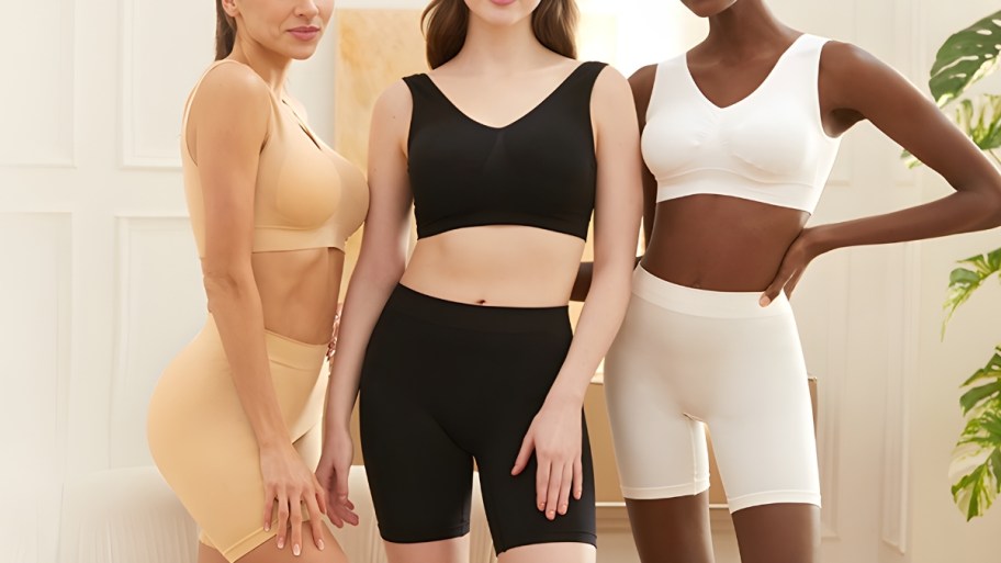 3 women wearing slip shorts in nude, black and white
