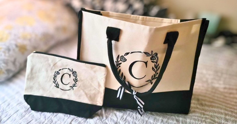 an initial canvas tote bag and zipper cosmetic case