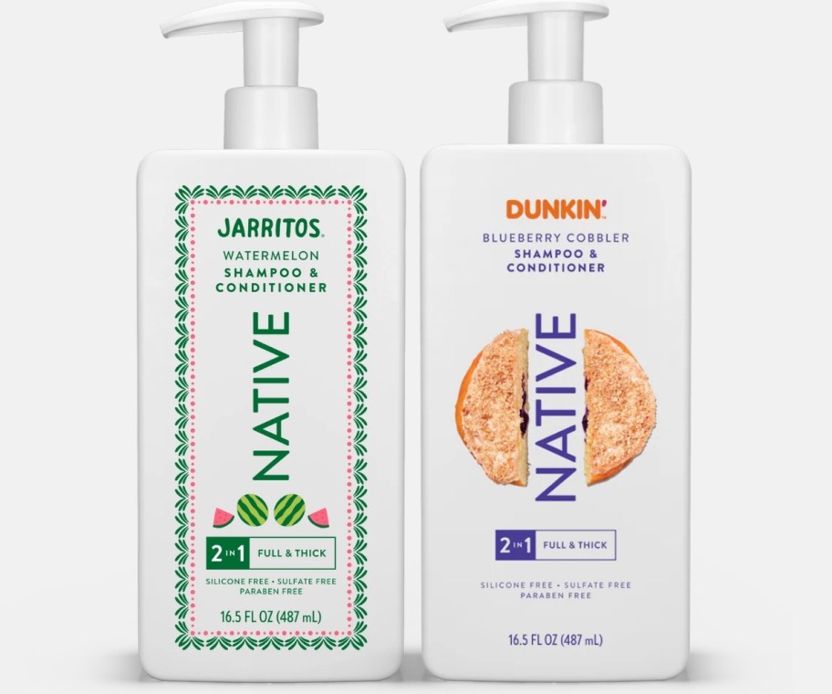 native 2 in 1 shampoo/ conditoner bottles in Watermelon and blueberry