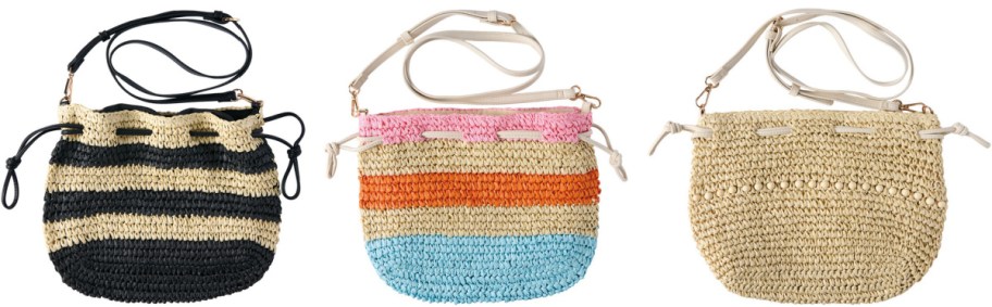 Three woven summer bags are displayed. The first has black and beige stripes, the second features pink, orange, and blue stripes, and the third is plain beige. Each bag has a rope drawstring and a shoulder strap.