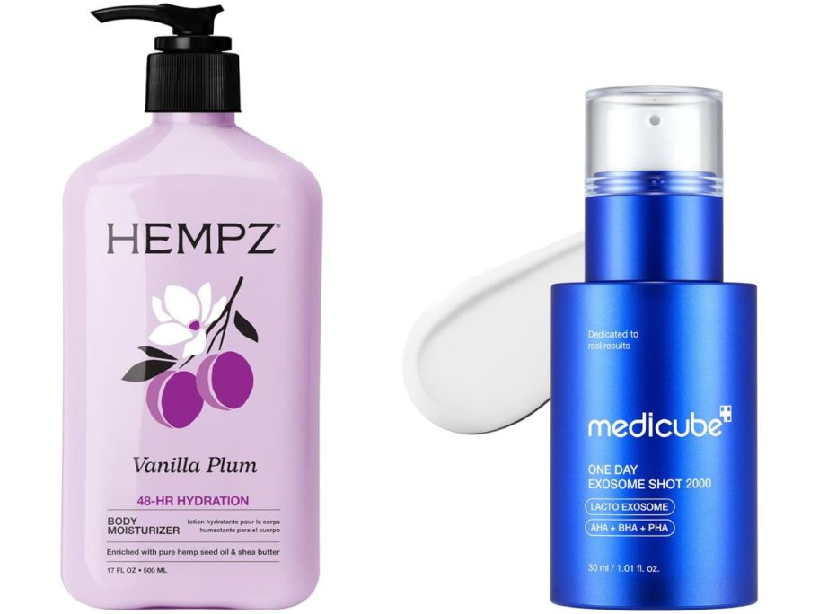 Stock images of a Hempz Lotion and a Medicube Serum
