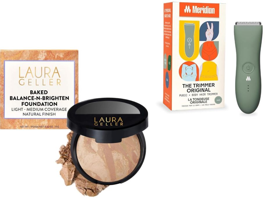 Stock images of a Laura Geller Powder Foundationan and a Meridian Trimmer