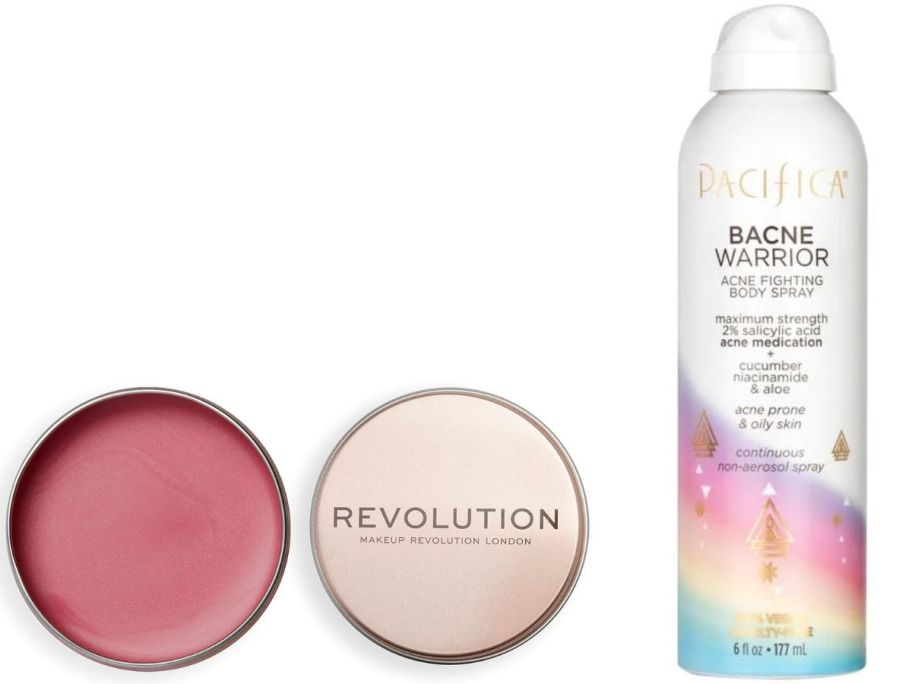 Stock images of a Revolution Glow Balm and a Pacifica Bacne Warrior Spray