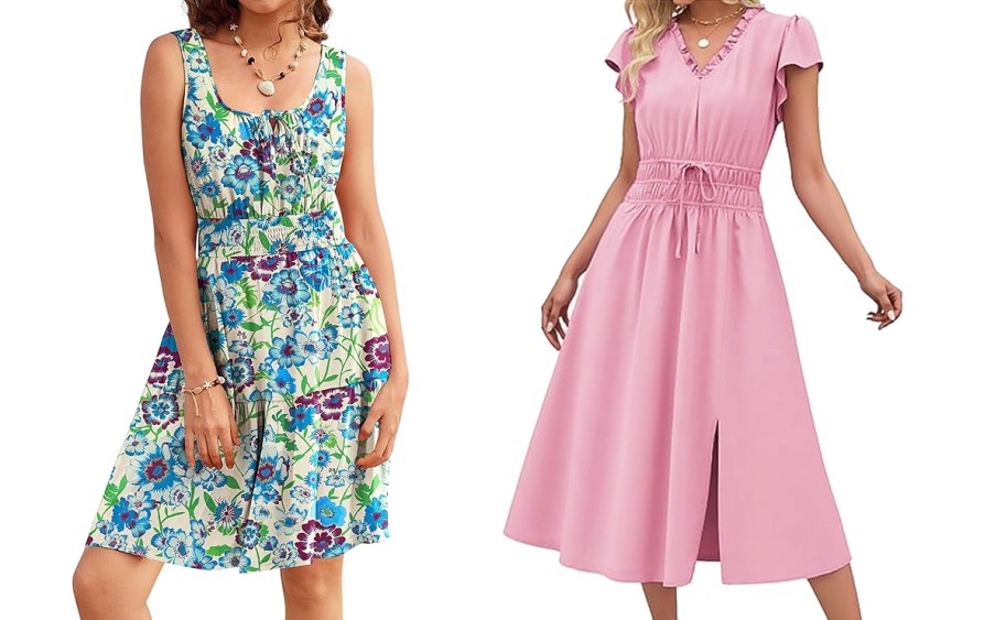 two women in blue floral and solid pink dresses