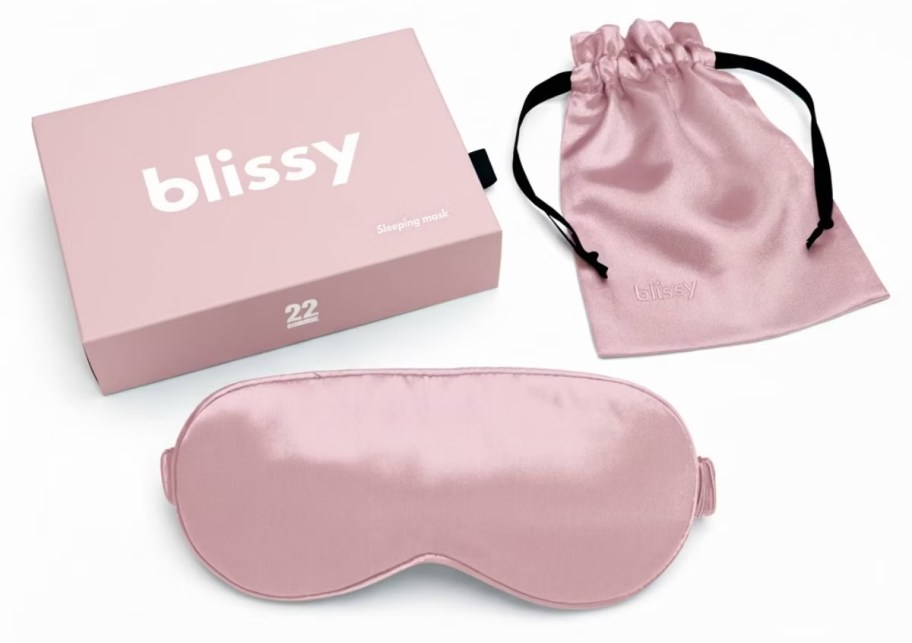 stock photo of Blissy Sleep Mask in pink with bag and box