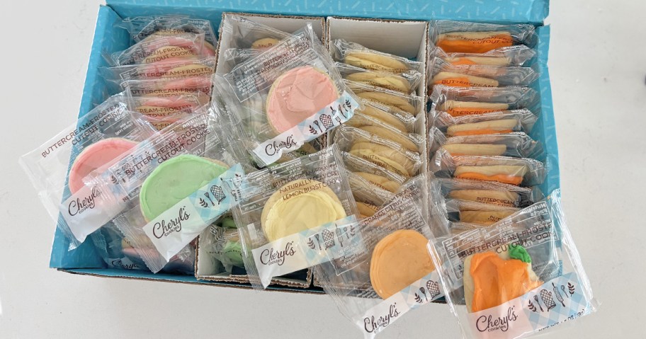 box filled with individually wrapped Cheryl&rsquo;s Cookies
